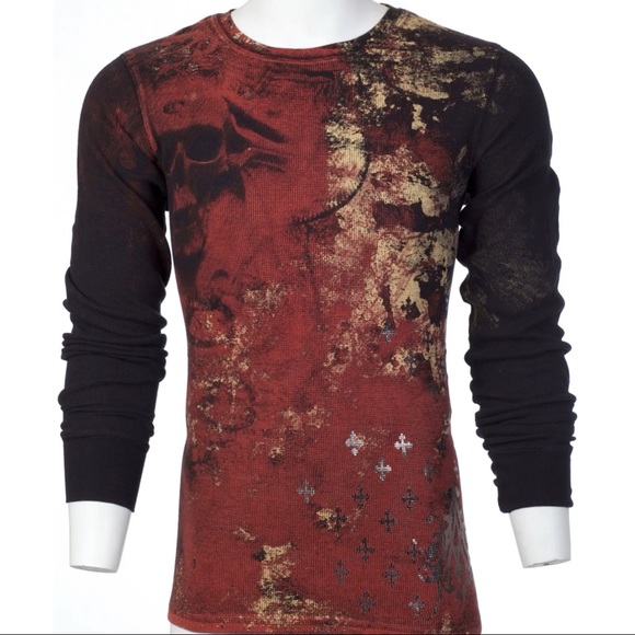 Archaic by Affliction Men's Thermal Shirt BRASS Skull Biker Black - Picture 5 of 9